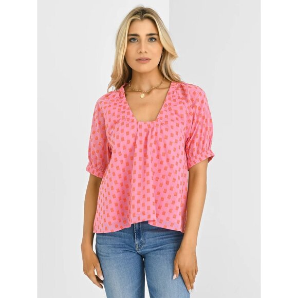 NWT size S‎ Never A Wallflower pink 9 dot punch marakesh blouse top short slv - Picture 11 of 11